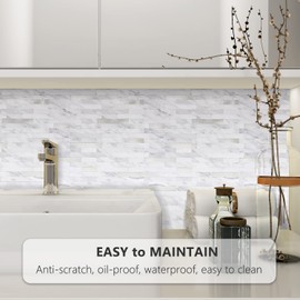 STICKGOO Peel and Stick Backsplash, PVC Wall Tiles Stick on Backsplash for Kitchen(5 Sheets, White Marble with Metal Silver)