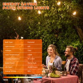 Kawaya Outdoor String Lights 97 FT LED Patio Lights with 48 Shatterproof Unique Diamond Edison Bulbs Warm White 2700K Dimmable IP65 Waterproof Outside Hanging Lights for Yard Porch Balcony Bistro Cafe