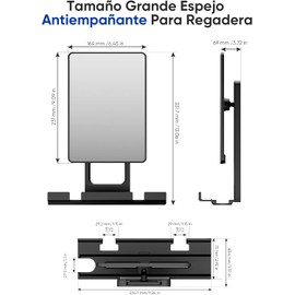 Espejo para Regadera Antiempañante Grande (23x16.4cm) con Bandeja de Almacenamiento, Espejo de Ducha Giratorio 360° para Afeitarse, Instalación Firme y Segura