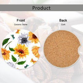 Sunflower Butterfly Car Coasters,Ceramic Absorbent Cup Holders with Finger Notch & Cork Base Car Assecories for Women/Men 2.6"(2 Pieces)