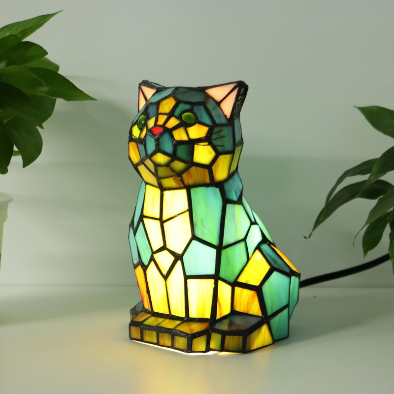 SYLW Tiffany Cat Lamp Blue and Green Stained Glass Animal