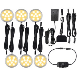 Meigour Puck Lighting, Efficent LED Cabinet Lights for Display Case Coset Accent Lighting, Rotary Dimmer, AC110V Wall Plug in, Black Cords, 6 Lights, Warm White