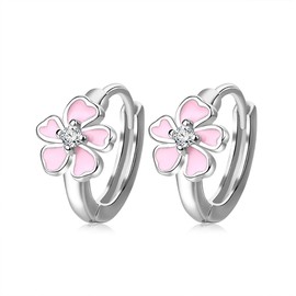 Tiny Cute Pink Flower CZ Small Hoop for Women Girls Teens Dainty Silver Plated Enamel Daisy Flowers Mini Cartilage Huggie Hoops Hypoallergenic Sleeper Hooped Fashion Jewelry Gifts Her