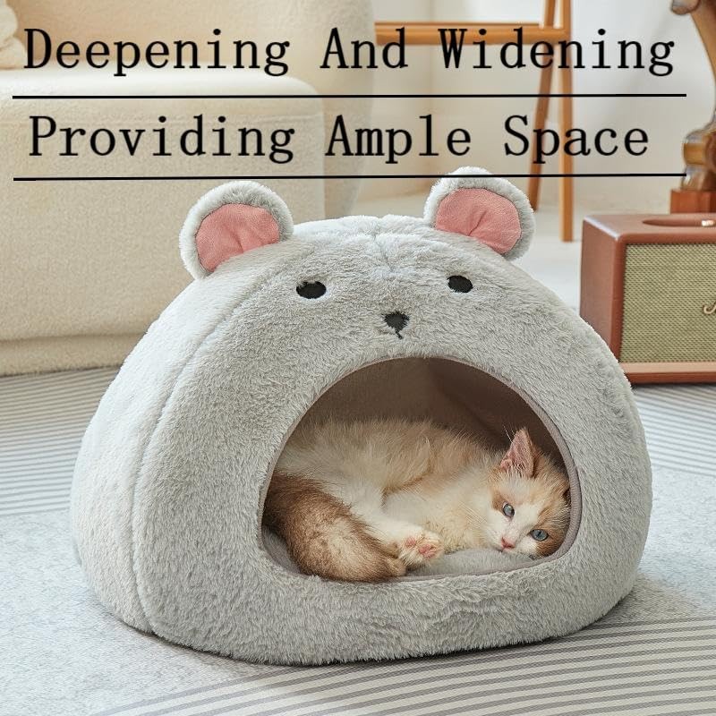 Cozy Mouse Ear Pet Cave Bed Ultra-Soft Gray Plush cave
