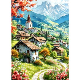 GDYEEH DIY Country Cottages 5D Diamond Art Kits, Round Full Drill Sparkling Mountain Diamond Painting Picture, Landscape Painting by Numbers Art Kits for Adults Beginners Home Wall Decor 12x16 inch