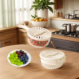 TemApex Fruit Strainer, Fruit Washing Bowl, Rotate The Cover of The Switch, Collapsible Handle, For Fruit Cleaning, Vegetable Cleaning, Suitable for Refrigerator/Picnic Storage (White)