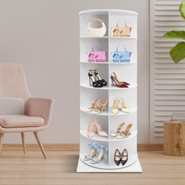 Treliamd 6-Tier Rotating Shoe Rack Free Standing Shoe Rack Spinning Shoe Storage Shelf Holding 24 Pairs of Shoes 360° Revolving Shoe Organizer for Entryway Living Room (White, 6-Tier, Square Base)