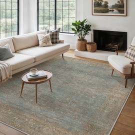 BESBLEE 8X10 Area Rugs Machine Washable Rugs for Living Room, Vintage Boho Large Rugs for Bedroom Dining Room, Non Slip Indoor Soft Distressed Lightweight Thin Low Pile Carpet, Weathered Teal