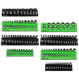 Magnetic Socket Organizer Holder Tool: 8PCS Set includes 2PCS 1/4", 4PCS 3/8", 2PCS 1/2" Drive Socket Storage Trays Toolboxs, Holding 199 Slots Soft Rubber Covering Black Green (sockets not included)