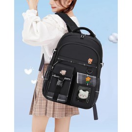 cotmcor Kids Backpack for Girls Teens, Kawaii Backpack for School, Cute Bookbag for Primary Elementary with Accessories, Black