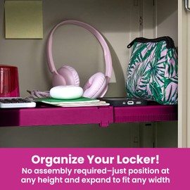 LockerMate Adjust-A-Shelf Locker Shelf, Extends to Fit Your Locker, Easy to Use, Perfect for School, Office, Gym, Pink