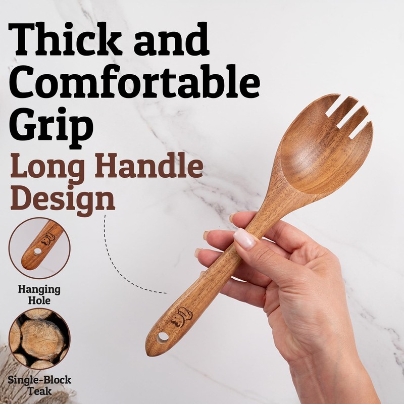 PriorityChef Premium Wooden Salad Servers - Handcrafted Teak Wood Spork