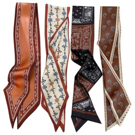 AruiLeo 4 Pcs Bag Handbag Handle Ribbon Hair Head Band Neck Scarf For Hair Fashion Skinny Scarves For Women Gift (Coffee)