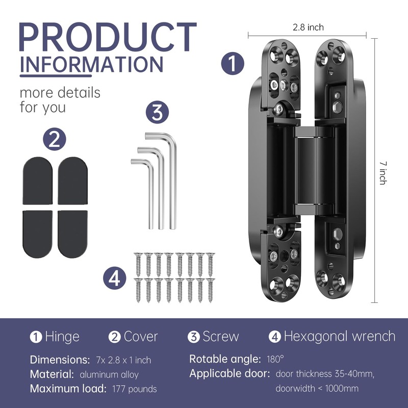 4-Pack 7 inch Hidden Hinges for Doors Invisible Hinges Concealed