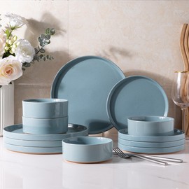 AmorArc Ceramic Dinnerware Set for 4 | Speckled Stoneware Plates and Bowls with unglazed terracotta | Scratch Resistant, Dishwasher & Microwave Safe Dishes Sets- 12-Pcs Blue