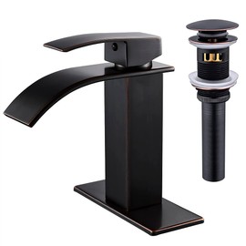 VOTON Bathroom Faucets Oil Rubbed Bronze Modern Waterfall Bathroom Sink Faucet Single Handle Bathroom Faucet for 1 or 3 Holes with Deck Plate and Pop-Up Drain, Rv Sink Camper Farmhouse Faucet