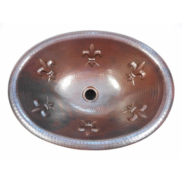 Large 19" x 14" Oval Copper Bath Sink Fleur de Lis  Motif Drop-In / Vessel Sink
