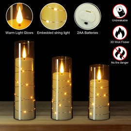 Lasumora Flameless Candles with Remote Timer, Embedded String Lights Candles Acrylic Flickering, Battery Operated LED Pillar Candles, 7 Pcs Unbreakable, Black, 2.3x5/5/5/6/6/7/7 inches