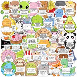 50PCS Emotional Support Affirmation Stickers,Cute Animal Food Funny Positive Quote Waterproof Stickers for Water Bottles Laptops