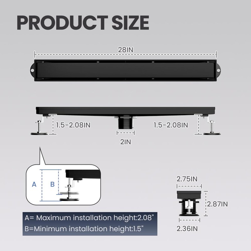 LISEEGO Linear Shower Drain 28 Inch Black, Brushed AISI 304