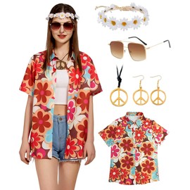Hippie Tops Women's Hawaiian Blouse Costume Set Flower Power Shirt Women Vintage Outfit Shirt 70s Clothing Casual Retro Tops Carnival Fancy Dress Costume, orange, XL