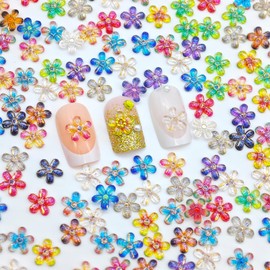 60PCS Resin Flower Nail Charms Five-Petal Flower Nail Rhinestones Spring Summer Nail Jewelry for Nail Art Gradient Hot Stamping Nail Gems Mixed Colorful Nail Diamonds for Women DIY Nail Accessories