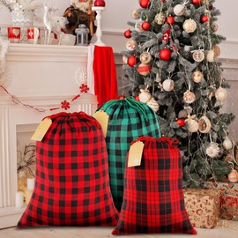 Large Fabric Drawstring Christmas Gift Bags Assorted Sizes, 3Pcs 20"x28" Black Red Green Buffalo Plaid Christmas Bags Heavy Santa Sacks with Kraft Gift Tags for Xmas Holiday Gift Wrapping & Giving
