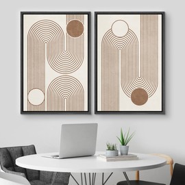 MUDECOR Framed Canvas Print Wall Art Set Geometric Mid-Century Circle Line Polygons Abstract Shapes Illustrations Modern Art Decorative Boho for Living Room, Bedroom, Office - 24"x36"x2 Black