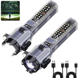 Emergency Car Flashlights High Lumens Rechargeable, 7 Modes Multifunctional Tactical LED Flashlights 2 Packs with Window Breaker, Belt Cutter, Alarm Buzzer, USB C, Emergency Flashlights for Car