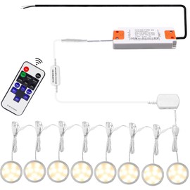 AIBOO Linkable Under Cabinet LED Lighting 12V Dimmable Puck Lights Hardwired with Wireless RF Remote Control for Kitchen Mood Lighting(8 Lights, Warm White, NO Wall Plug)