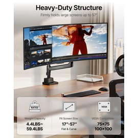 monTEK 17-57 Inch Ultrawide Monitor Arm for Up to 59.4lbs Screens, Aluminum Heavy-Duty Gas Spring Single Curved Screen Adjustable Monitor Stand,75/100mm Vesa Mount, Black