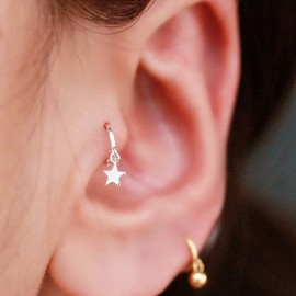 Mini Star Dangle Sterling Silver Small Hoop Earrings for Women Girls Cartilage Sleeper Hoops Cute Jewelry