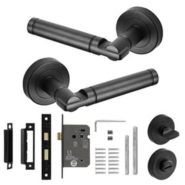 Decoranddecor Round Door Handles Internal – Aluminium Door Handle Sets Matt Black Door Handles for Interior Doors | Internal Door Handles with Bathroom Door Lock and Turn and Release | Enigma Range