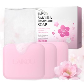 LAIKOU Sakura Handmade Soap Bar, 3 x 110g Soap with Niacinamide & Vitamin C for Soft, Radiant Skin, Face Skincare for Moisturising & Gentle Cleansing, Luxury Facial & Body Soap, With Foaming Net