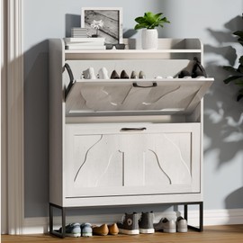 infurnic Shoe Cabinet with 2 Flip Drawers, Narrow Shoe Storage Cabinet for Entryway, Freestanding Organizer Shoe Rack Cabinet for Front Door Entrance Hallway Foyer Living Room, White