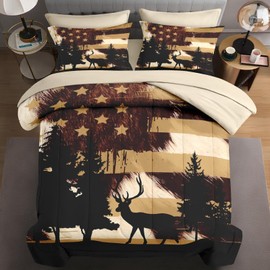 WeCozy 5 Pcs Twin Size Comforter Set with Pillowcase & Sham, Animal Hunting Deer Cow Print Bedding for Kids and Adults, Retro American Flag Bed in a Bag with Flat Fitted Sheet