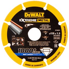 DEWALT DT40251-QZ - Disco de Corte con borde diamantado Extreme Metal 115x1.3x22.3mm, Yellow