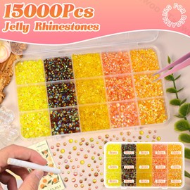 15000Pcs Resin Jelly Rhinestones for Bedazzling, Mixed Size 3/4/5 mm Flatback Gems for Crafting, Yellow Jelly Rhinestones Bedazzler Kit for Book Crafts Clothing Shoes Nail Art Makeup