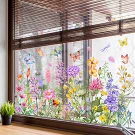 NXUEBDU Flower Window Clings Floral Wildflower Stickers for Glass, Double-Sided Removable Window Decals for Bedroom, Bathroom, Kitchen, Home Office Decor