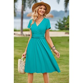Newshows Green Dresses for Women 2025 Summer Spring Short Sleeve V-Neck Faux Wrap Casual Midi Sun Dresses with Pockets(Lake Green,X-Large)
