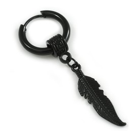 1Pcs Single Dangle Feather Charm Hoop Huggie Earring for Unisex/Men/Women In Black Tone/ 18mm D