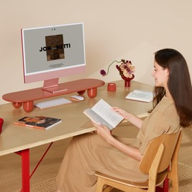 Fenge Monitor Riser, 34 Inch Dual Monitor Stand for Large Monitors, Desk Organizer with Wooden Shelf & Solid Wood Legs, Computer Stand for Laptop, TV, PC, Printer, Red