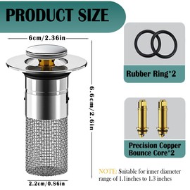 Agamino Bathroom Sink Stopper Drain Hair Catcher, 2PCS Pop Up Sink Strainer with Removable Stainless Steel Floor Drain Filter Basket for 1.1-1.3 Inch, Anti-Clog Bathroom Sink Drain Strainer Sink Plug