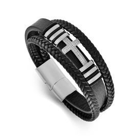 Fahonie Cross Leather Bracelet for Men Multi-Layer Braided Leather Bracelet Stainless Steel Religious Bracelet Gifts for Teenage, 8 Inches