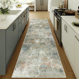 PureCozy 2x8 Runner Rug for Hallways Orange Grey Non Slip Washable Neutral Modern Abstract Indoor Rug Thin Soft Throw Low Pile Kitchen Carpet for Bedside, Bedroom, Bathroom, Entryway