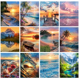 CreateJoy 12 Pack 5D Diamond Art Kits for Adults - Beach Diamond Art DIY Paint with Round Full Drill Diamond dots for Beginners, Gem Paintings for 12X16 Inch Home Wall Decor