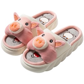 LANFIRE Women Slippers Cute Animal Pig Slippers Soft Cosy Four Seasons Home Linen Slippers, Pink, 5-6 Women/4.5-5 Men