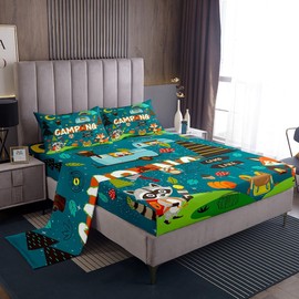 Happy Camping Sheet Set Camper Kids Bed Sheets Set For Boys Teens Adult Bedroom, Cartoon Rv Camping Sheets Fox Cute Animal Bed Set For Travel Trailers, 1 Flat Sheet 1 Fitted Sheet 2 Pillowcases, Full