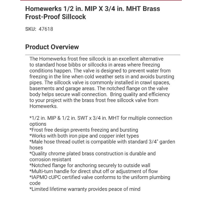 Homewerks Homewerks Brass 1/2 MIP X 3/4 MHT -12 Inch