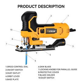 Hotec​he 6.5-Amp Jig Saw Corded 6 Vriable Speed Jigsaw with LED Light and 2Pcs of Blades